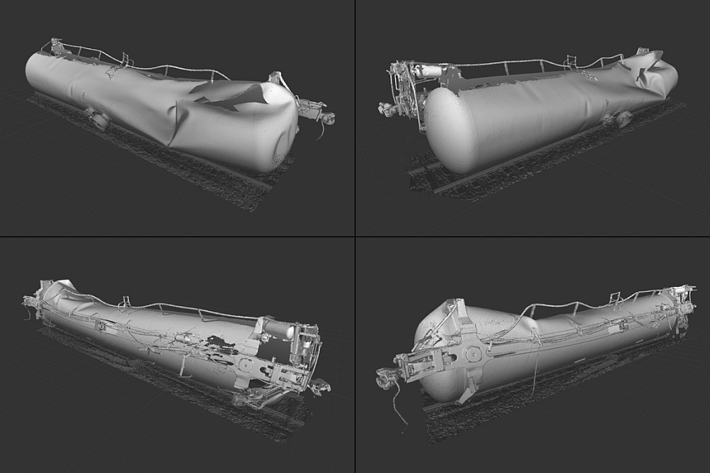 Oblique views of TILX 316570 tank car laser scan visualizations