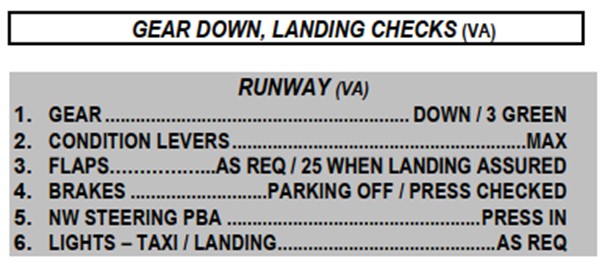 The GEAR DOWN, LANDING CHECKS checklist as depicted on the operational checklist (Source: Province of Ontario, Ministry of Natural Resources and Forestry, OMNR CL415 Operational Checklist)