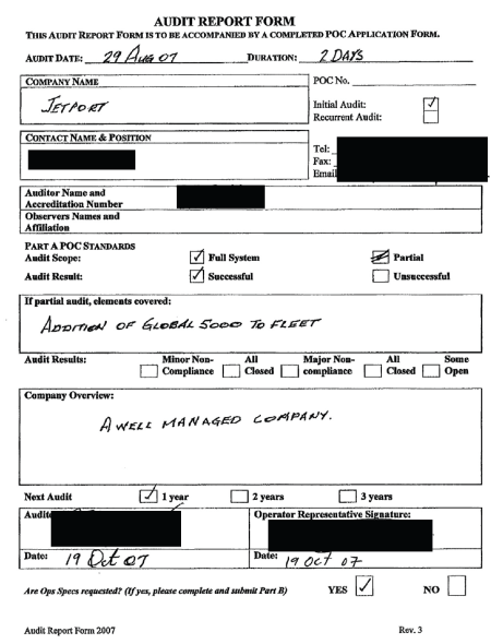 Appendix F – This figure is the first page of Canadian Business Aviation Association Audit Report Form (revision 3, 2007). It gives the audit date, duration, company name, private operator certificate number, contact name and position, auditor name and accreditation number, observers names and affiliation, audit scope, audit results, company overview