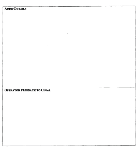 This figure is the second page of Canadian Business Aviation Association Audit Report Form (revision 3, 2007). It gives the audit details and operator feedback to CBAA