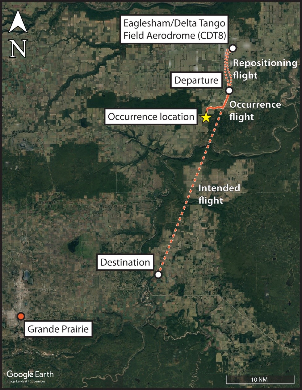 Map showing the repositioning flight (dotted line), the intended flight path (dashed line) and the actual flight path (solid line) (Source: Google Earth, with TSB annotations)