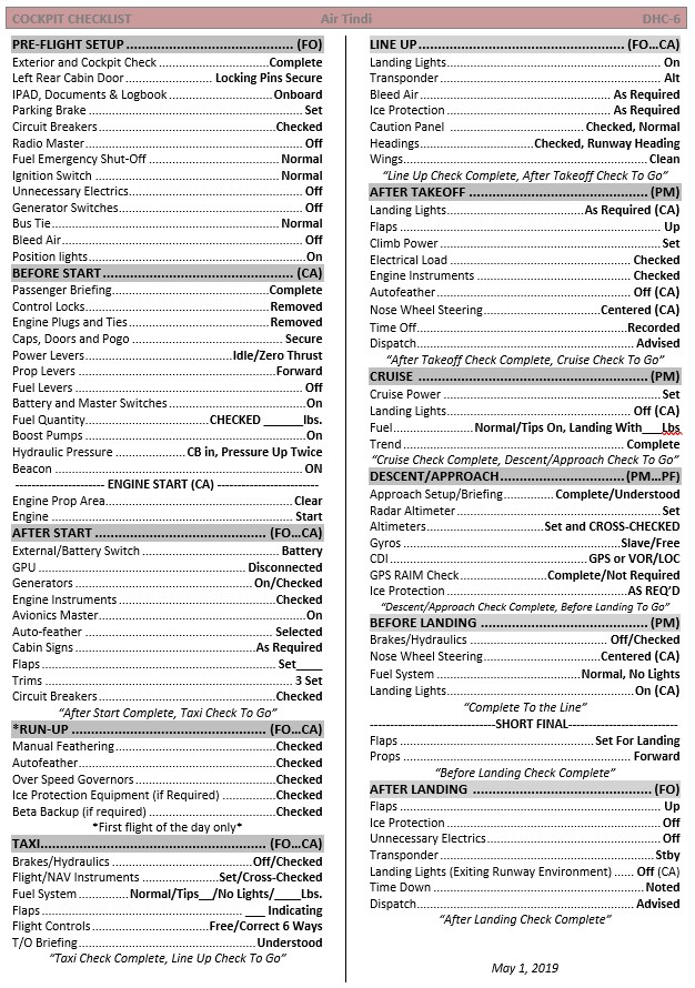Air Tindi DHC-6 cockpit checklist