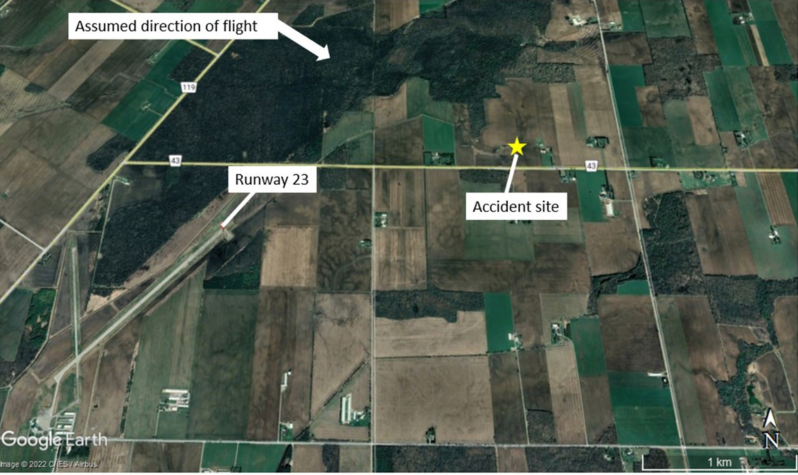 Map showing the accident site in relation to the intended destination (Runway 23), and assumed direction of flight (right base leg for Runway 23) (Source: Google Earth, with TSB annotations)