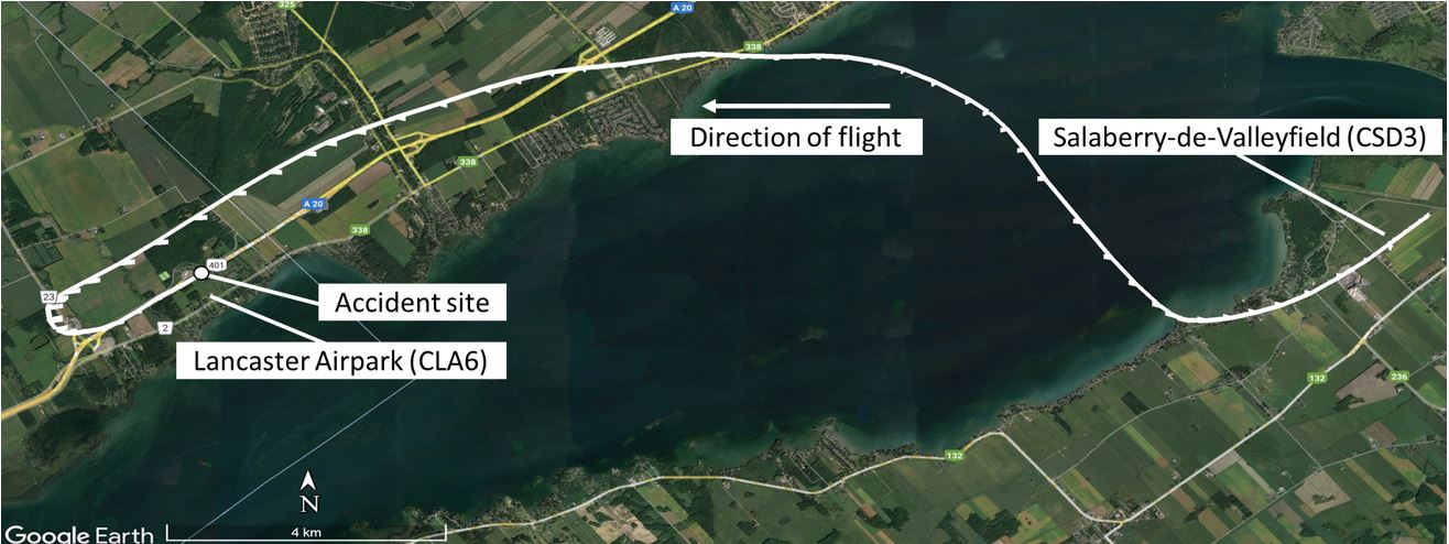 Satellite image showing the route flown (Source: Google Earth, with TSB annotations based on aircraft global positioning system data)