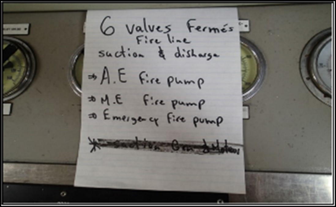 Photograph of notice posted in engine control room. “A.E” refers to the auxiliary engine room and “M.E” refers to the main engine room (Source: TSB)