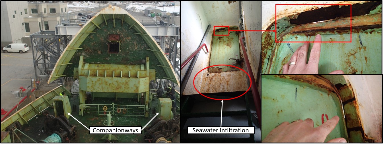 Companionways (left) and rusted doors and doorframes in companionways (right) (Source: TSB)