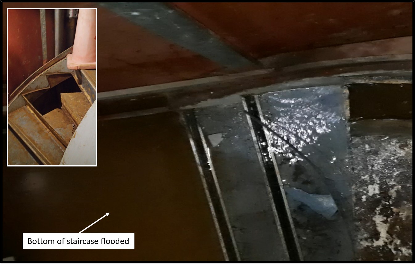Water leaking into the staircase on deck 2 with inset image showing a hole in the same staircase (Source: TSB)