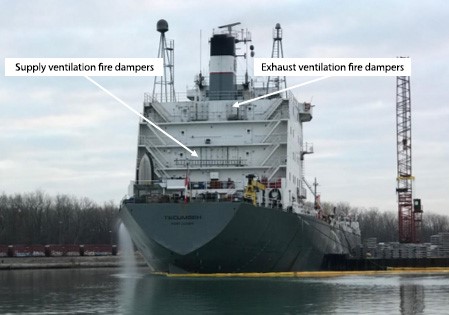 Stern view of vessel’s superstructure, showing location of engine room ventilation fire dampers (Source: T&T Marine Salvage Inc., with TSB annotations)