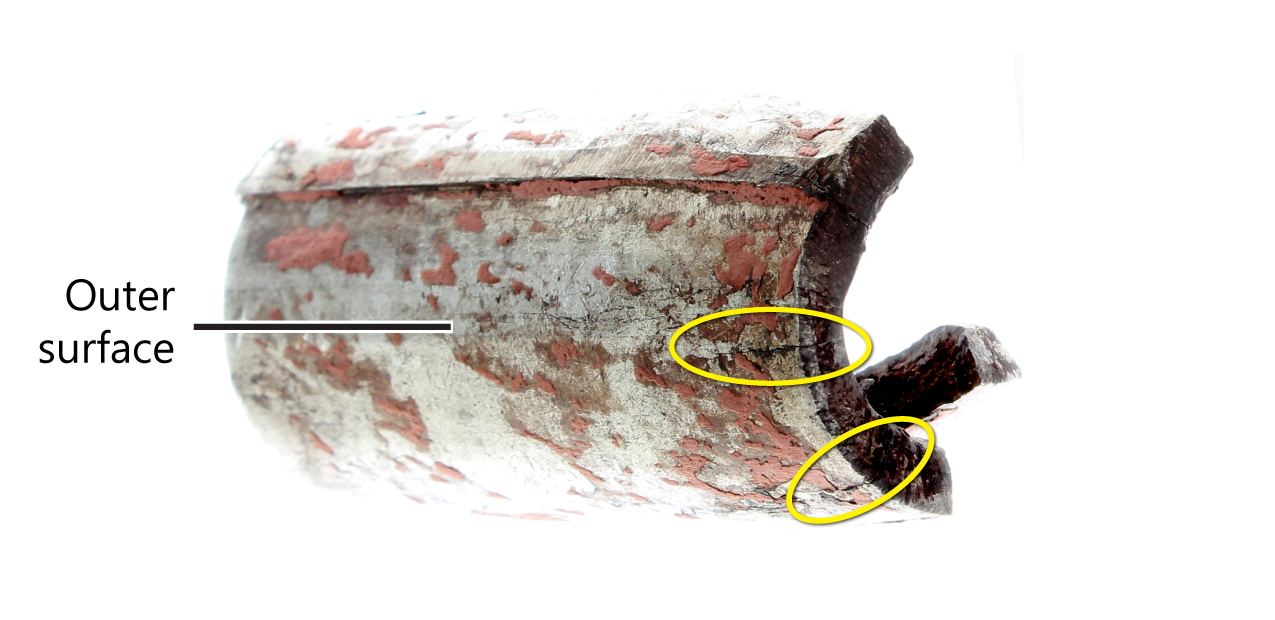 Outer surface of the broken aft starboard crimp sleeve with paint removed showing cracks (circled) (Source: TSB)