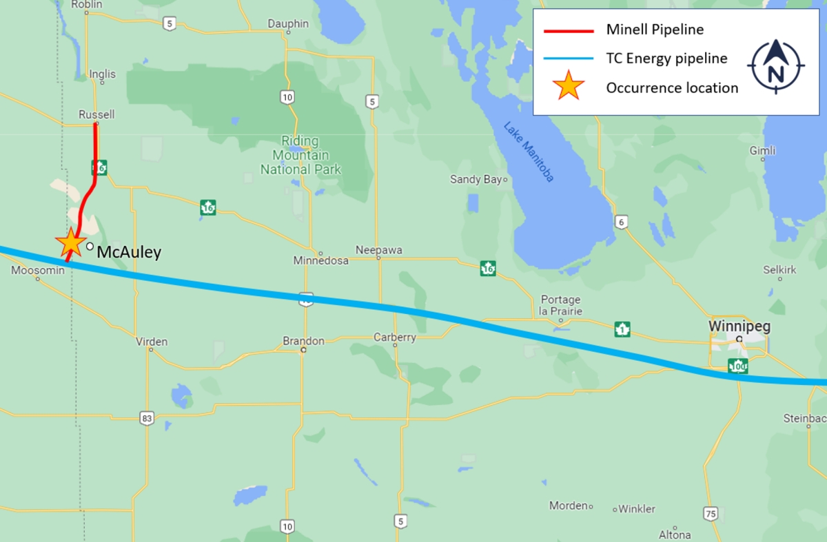 Map showing the occurrence location, near McAuley, Manitoba (Source: Google Earth, with TSB annotations)