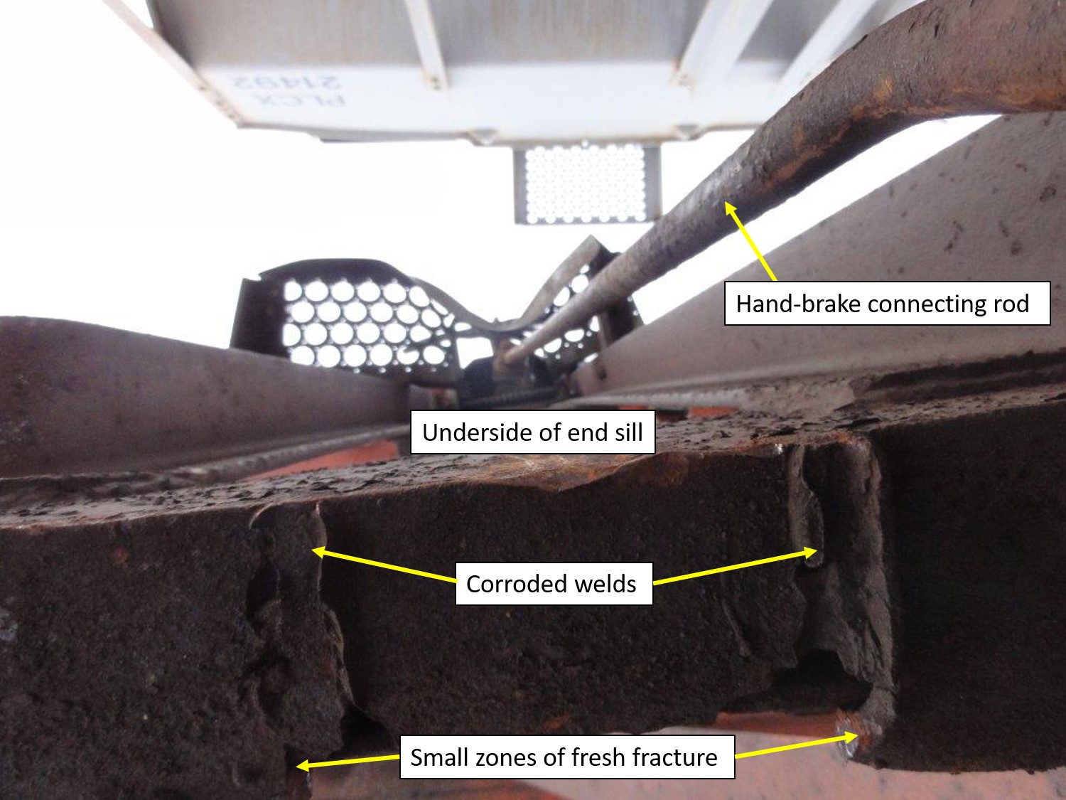 Corroded welds securing the hand brake bell-crank bracket to the underside of CN 302412 with small zones of fresh fracture (Source: Canadian National Railway Company, with TSB annotations)