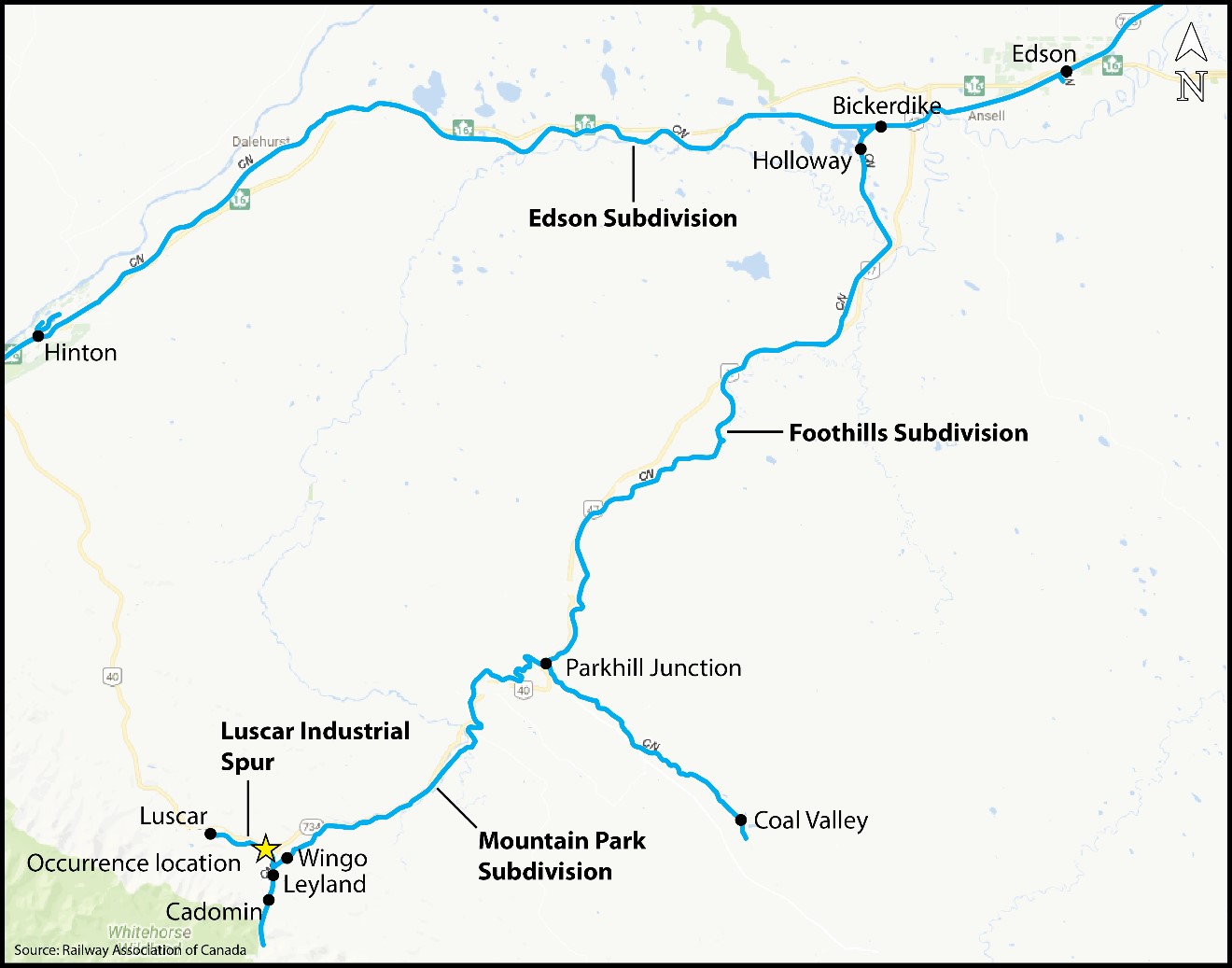Map of the area, showing the location of the occurrence (Source: Railway Association of Canada, <em>Canadian Rail Atlas</em>, with TSB annotations)