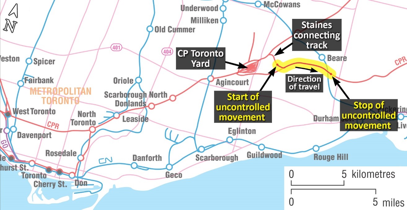Map of accident location, showing the start and stop points of the uncontrolled movement (Source: Railway Association of Canada, Canadian Rail Atlas, with TSB annotations) 