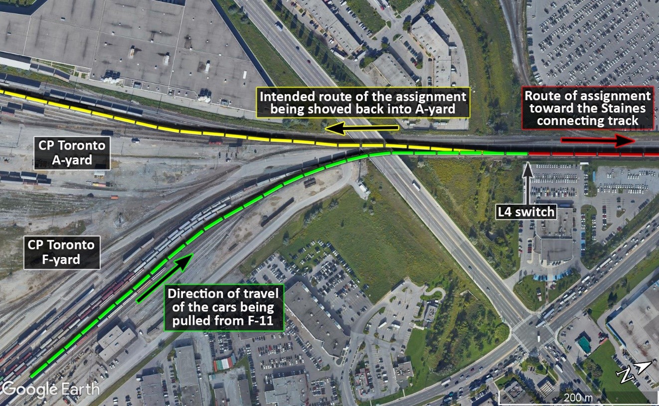 Map of east end of CP Toronto Yard (Source: Google Earth, with TSB annotations)