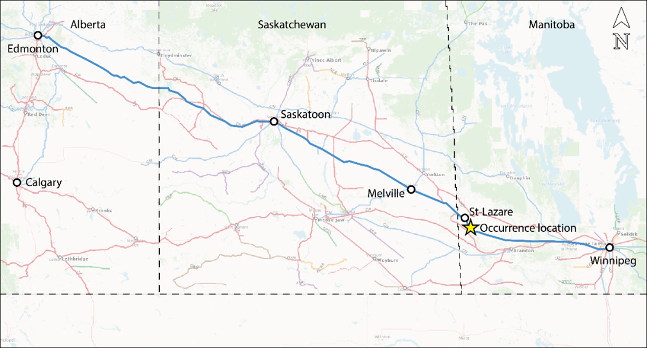 Location diagram (Source: Canadian Railway Atlas, Railway Association of Canada, with TSB annotations)