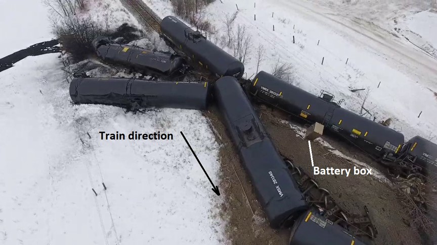 West end of derailment site (Source: Curtis McLeod and Amon Rudolph, with TSB annotations)