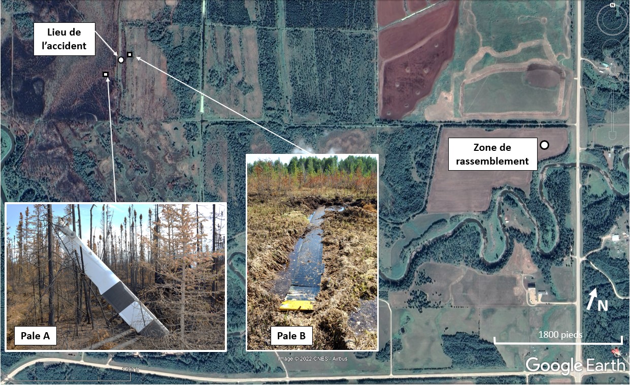 Carte indiquant l’emplacement de la zone de rassemblement et du lieu de l’accident, avec photos en médaillon des 2 pales du rotor principal (pale A et pale B) (Source : Google Earth, avec annotations du BST)