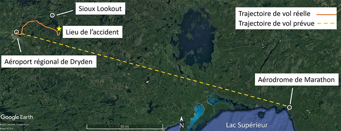 Carte montrant la trajectoire de vol et le lieu de l’accident (Source : Google Earth, avec annotations du BST)