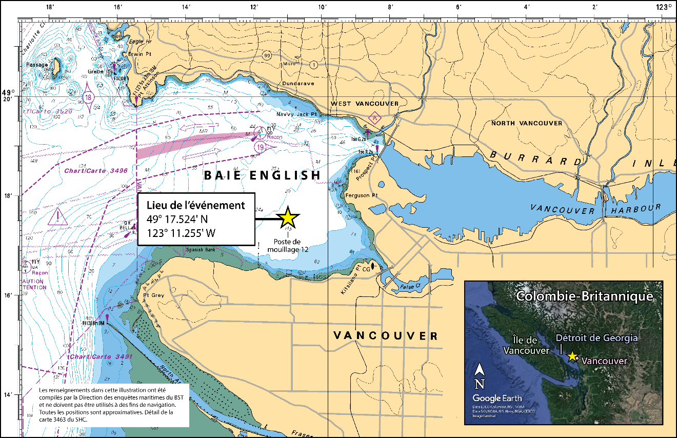 Area of occurrence (Source of main image: Canadian Hydrographic Service chart 3463, with TSB annotations. Source of inset image: Google Earth, with TSB annotations)