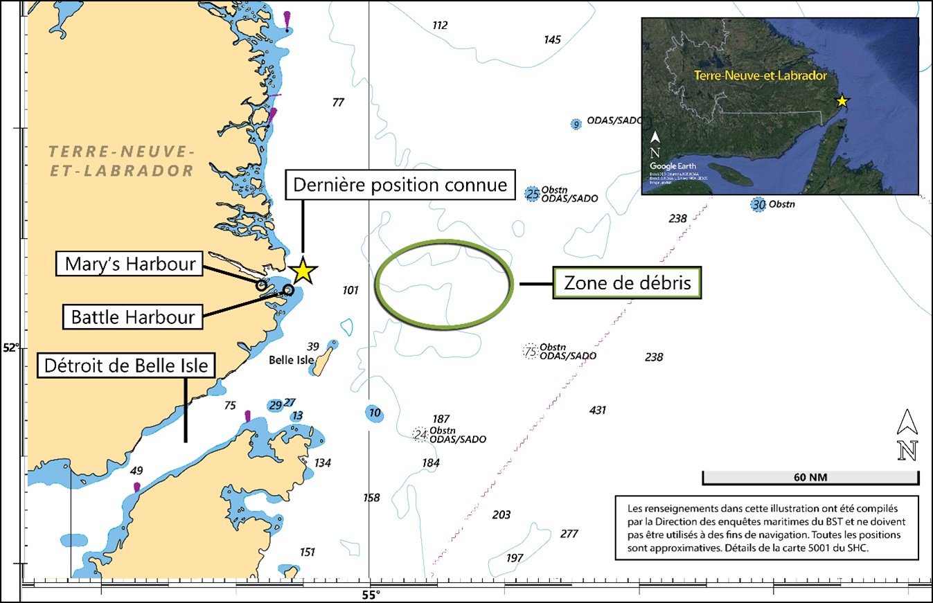 Carte du lieu de l’événement montrant la dernière position connue du bateau et l’endroit où les débris ont été récupérés (Source de l’image principale : Service hydrographique du Canada, carte 5001; source de l’image en médaillon : Google Earth, avec annotations du BST)