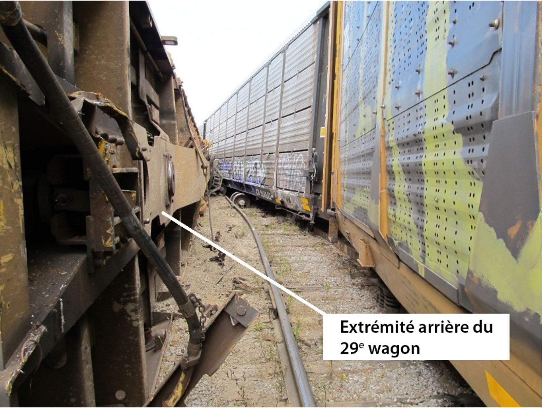Vue de l’arrière du 29<sup>e</sup> wagon, immobilisé à environ 2 pieds du rail intérieur de la courbe. À noter qu’il y a des bogies manquants (Source : Compagnie des chemins de fer nationaux du Canada)