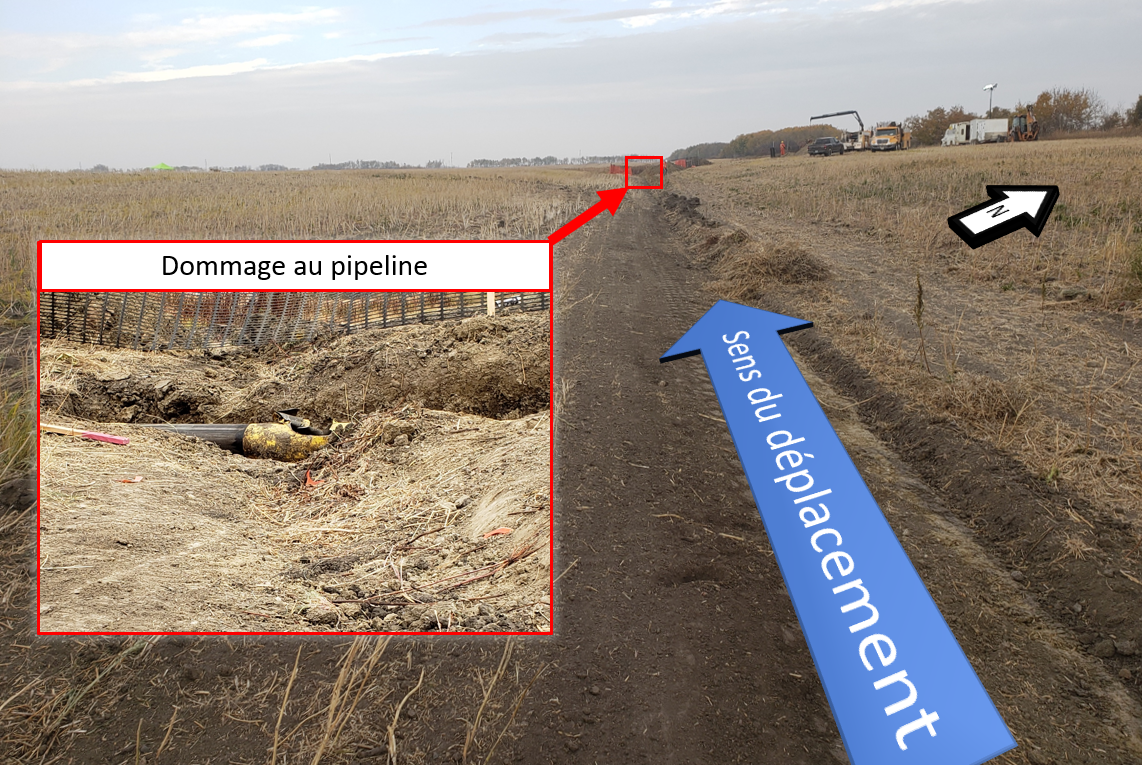 Lieu de l’événement indiquant le sens du déplacement, et photo en médaillon montrant le dommage au pipeline (Source : BST)
