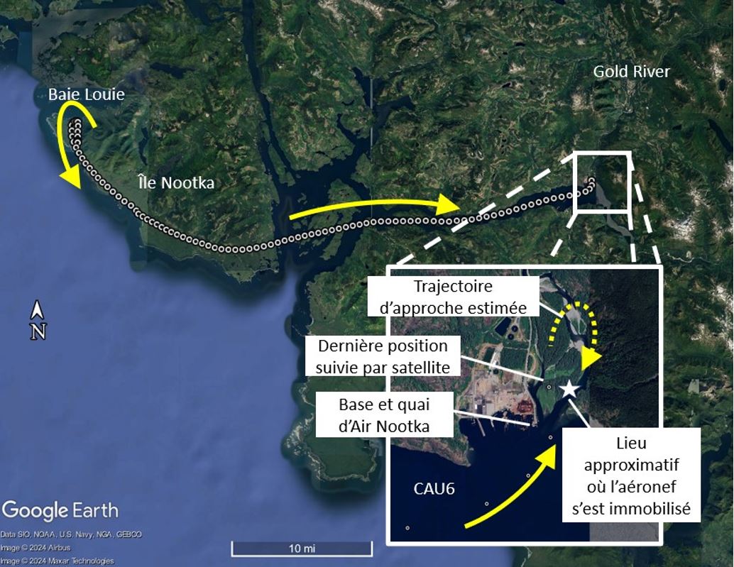 Figure 1. Trajectoire de vol enregistrée et estimée de l’aéronef à l’étude (Source : Google Earth et données Spidertracks, avec annotations du BST)