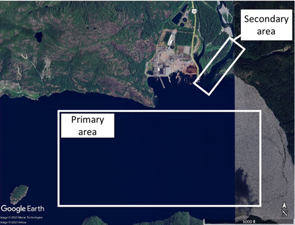 Figure 2. Gold River Water Aerodrome operating areas (Source: Google Earth, with TSB annotations based on operator description)