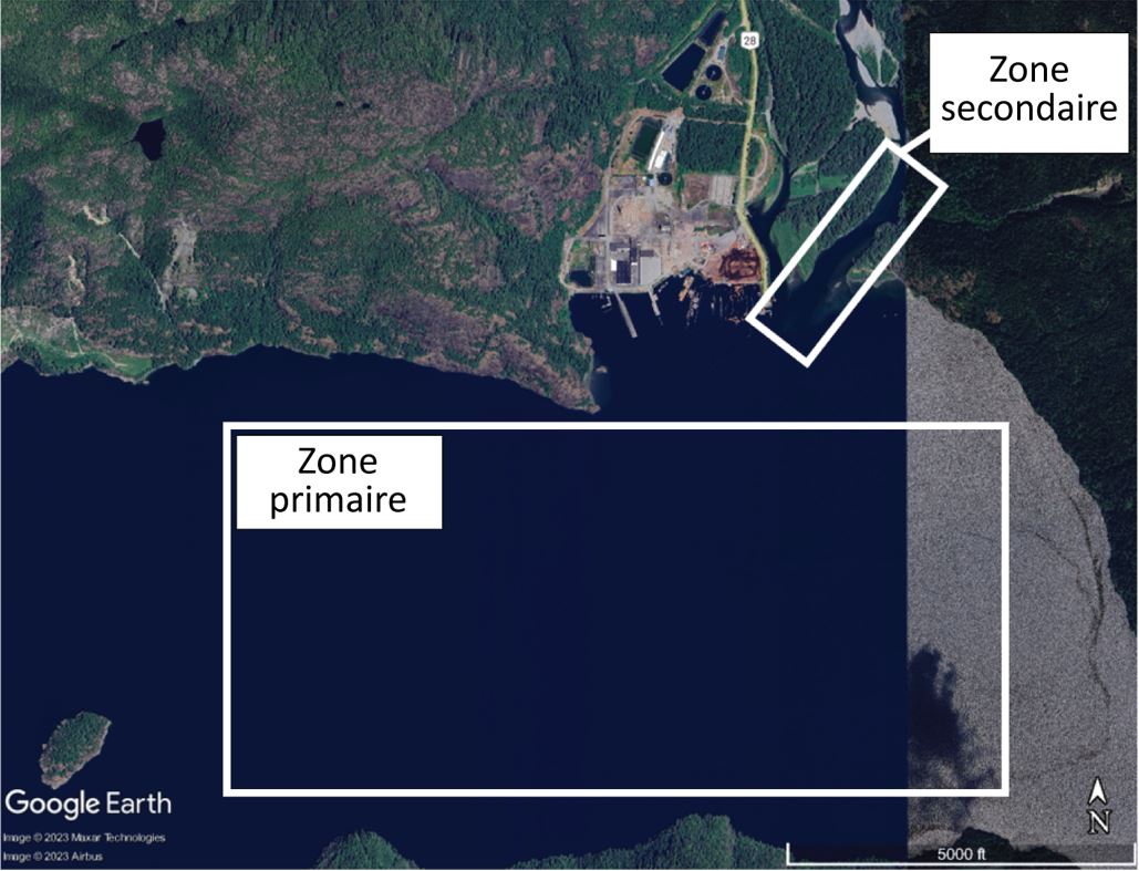 Figure 2. Zones d’exploitation de l’hydroaérodrome de Gold River (Source : Google Earth, avec annotations du BST fondées sur la description de l’exploitant)