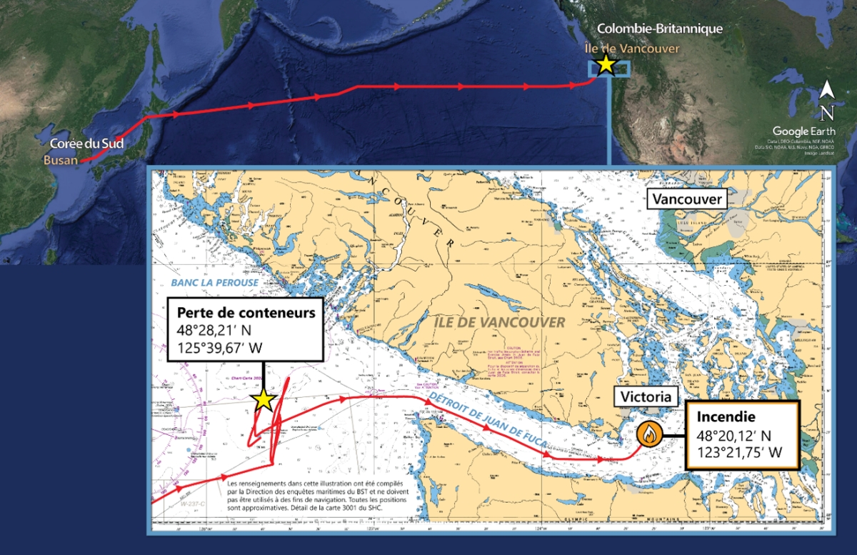 Figure 2. Image satellite et carte montrant la position du ZIM Kingston au moment du fort mouvement de roulis et de la perte des conteneurs (Source de l’image principale : Google Earth, avec annotations du BST; source de l’image en médaillon : Service hydrographique du Canada, carte 3001, avec annotations du BST)