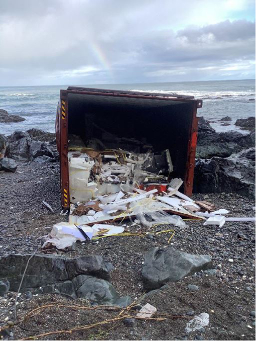 Figure 7. Photo of an open container from the ZIM Kingston with plastic debris inside at Shuttleworth Bight, BC (Source: Pacificus Biological Services Ltd.) 