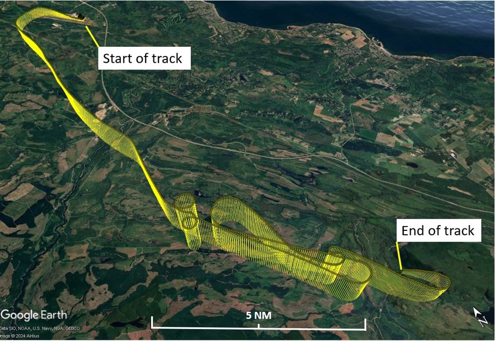 Figure 1. Map showing the occurrence flight track originating at the Campbell River Airport (Source: Google Earth, with TSB annotations)