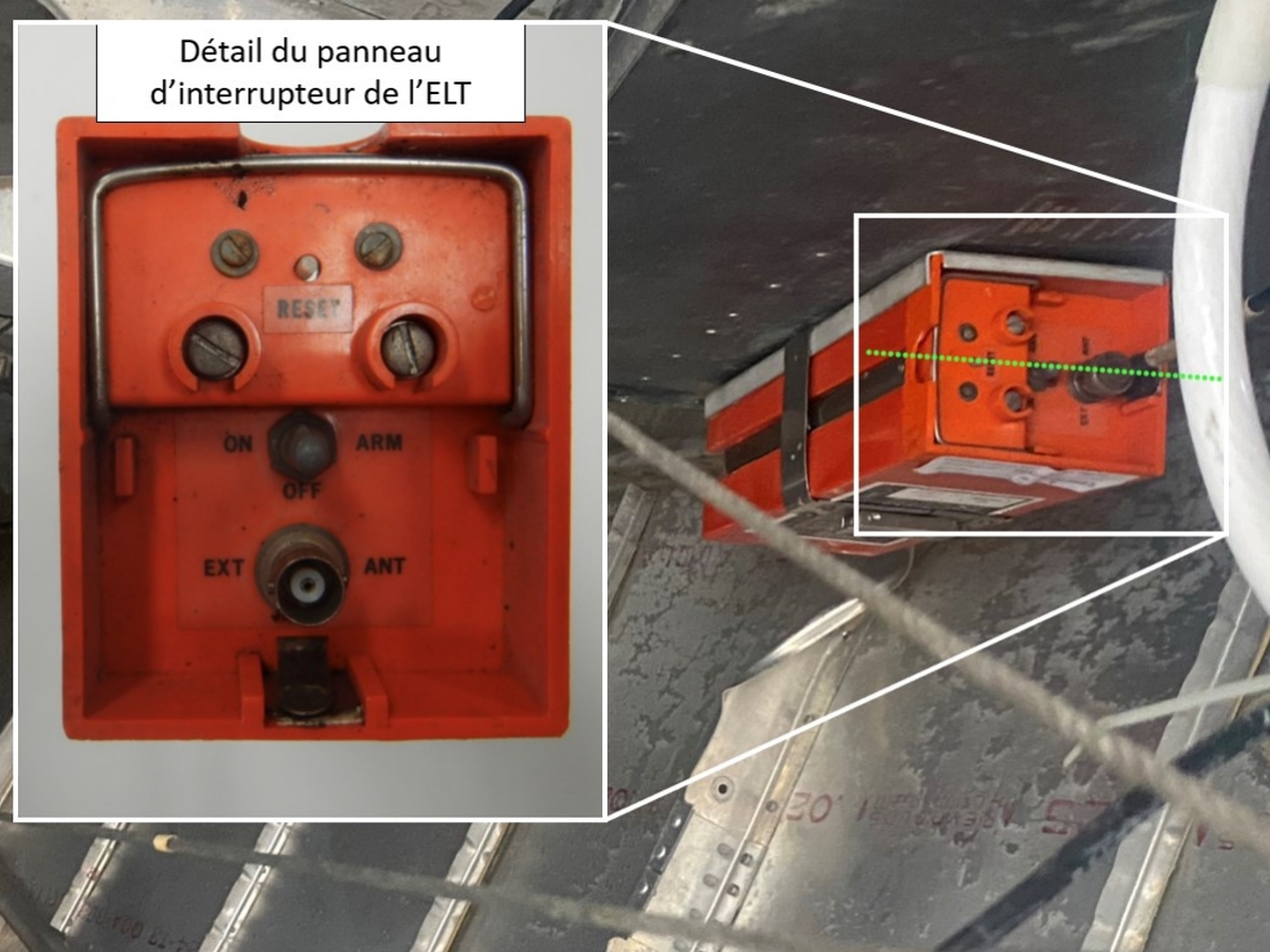 Figure 6. La radiobalise de repérage d’urgence de l’aéronef à l’étude telle qu’elle a été trouvée par le personnel de recherche et sauvetage, avec une ligne pointillée montrant l’interrupteur aligné avec la fixation de l’antenne et le bouton de réinitialisation, et avec le détail de l’interrupteur de la radiobalise en médaillon (Source de l’image principale : tierce partie, avec permission. Source de l’image en médaillon : BST)