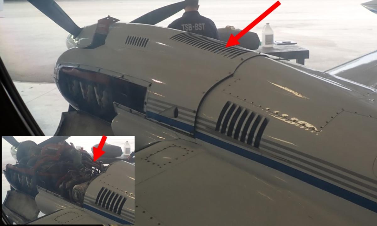 Figure 3. Approximate location of the in-flight fire indicated by arrows, with inset image showing the approximate fire location with the upper engine cowling removed. The pictured aircraft is a Cessna 421B, which has the same engine and nacelle as the Cessna 421C 