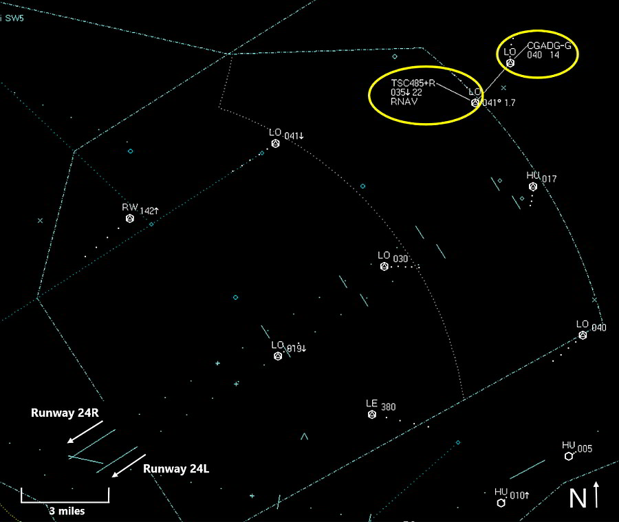  Close-up view of the Canadian Automated Air Traffic System    Situation Display for the Montréal terminal specialty airspace, showing the    Airbus (TSC485) turning right and descending through 3500 feet while the    Cessna (C-GADG) is turning left in level flight at 4000 feet. The 2 aircraft    are 1.7 nm and 500 feet apart (Source: NAV CANADA, with TSB annotations)