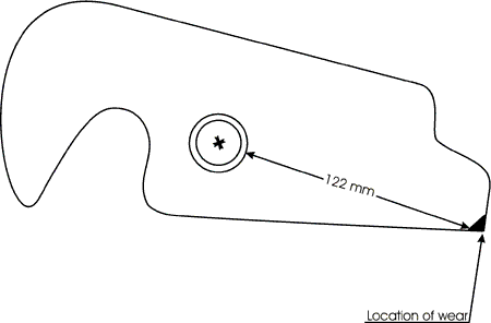 Figure - 7 The release hook, the frame, and the lever should be replaced when the wear at the contact point between the release hook and the frame reaches 122 mm for a 2.5-ton hook.