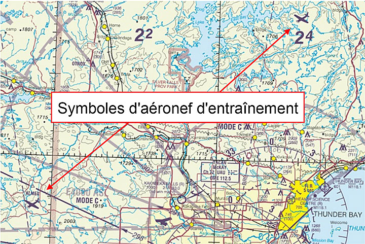 Symboles d'aéronef d'entraînement sur une carte de navigation (VNC) pour les règles de vol à vue (VFR) (Source: NAV CANADA, avec annotations du BST)