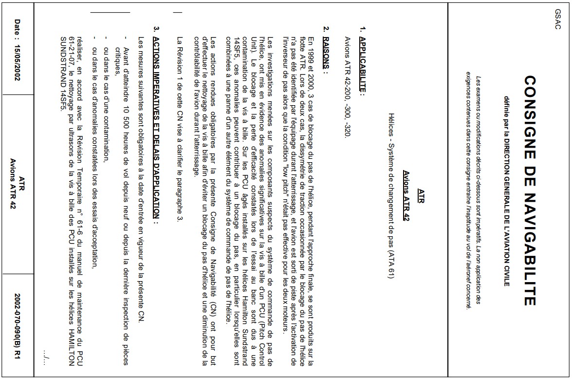 Consigne de navigabilité : Aéronefs ATR 42 – Hélices – Composant du système de changement de pas (ATA 61)