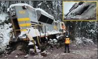 Figure 3. Derailed locomotive QNSL 502 with inset showing its punctured fuel tank  (Source of main image: TSB. Source of inset image: TSB)